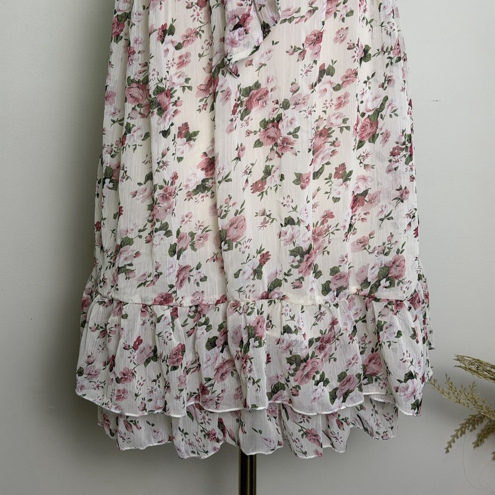 CottageCore Dress Size Small Floral Sweetheart Tie-Front Mini Dress Cream Pink - Picture 3 of 7